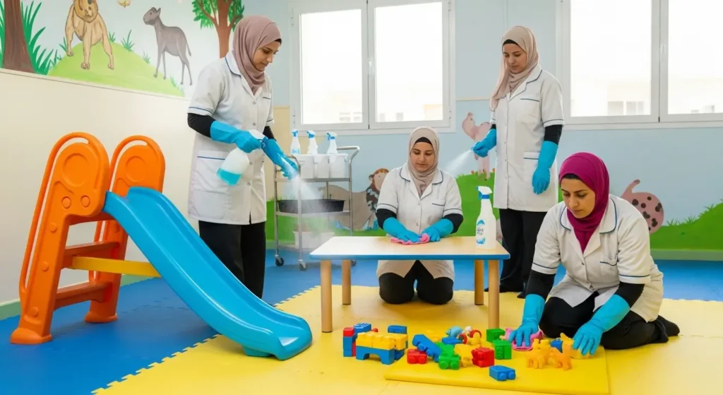 Agent dentretien désinfectant les jouets et surfaces dans une crèche au Maroc