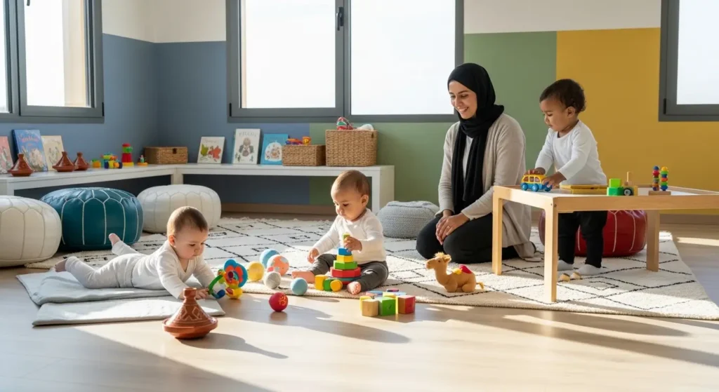 Bébés de différents âges dans une crèche au Maroc avec éducatrice