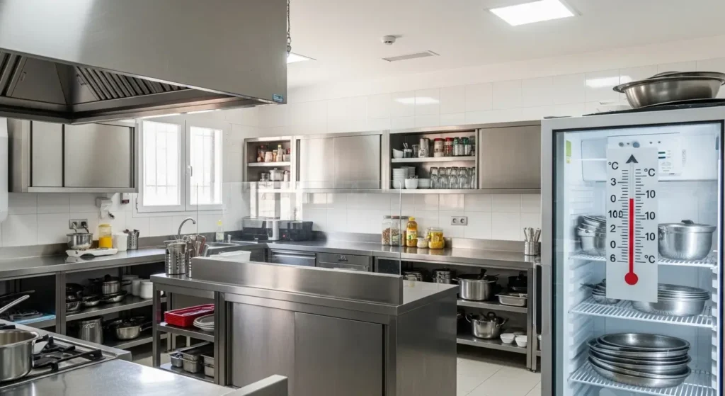 Cuisine de crèche marocaine aux normes dhygiène avec surfaces inox et réfrigérateur équipé