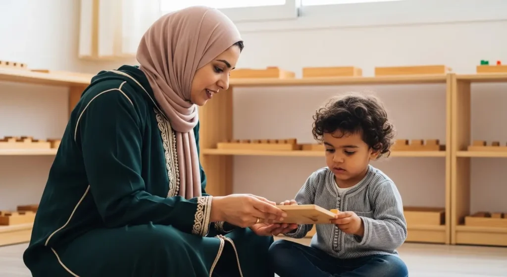 Éducatrice Montessori marocaine présentant du matériel à un enfant - interaction bienveillante