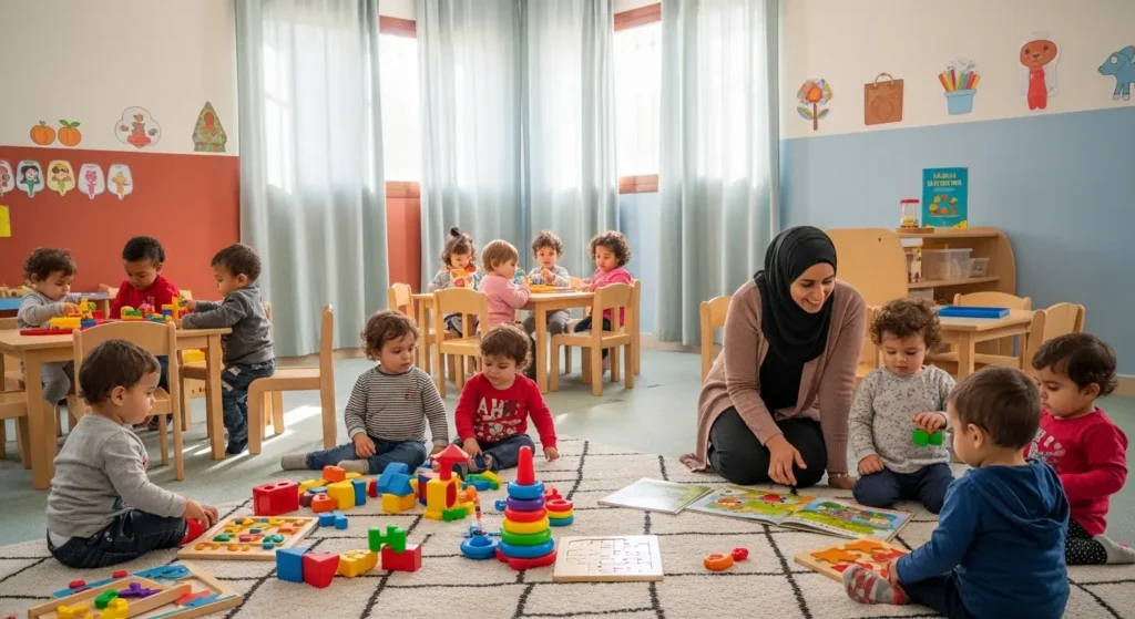 Éducatrice marocaine avec des enfants heureux dans une crèche moderne au Maroc