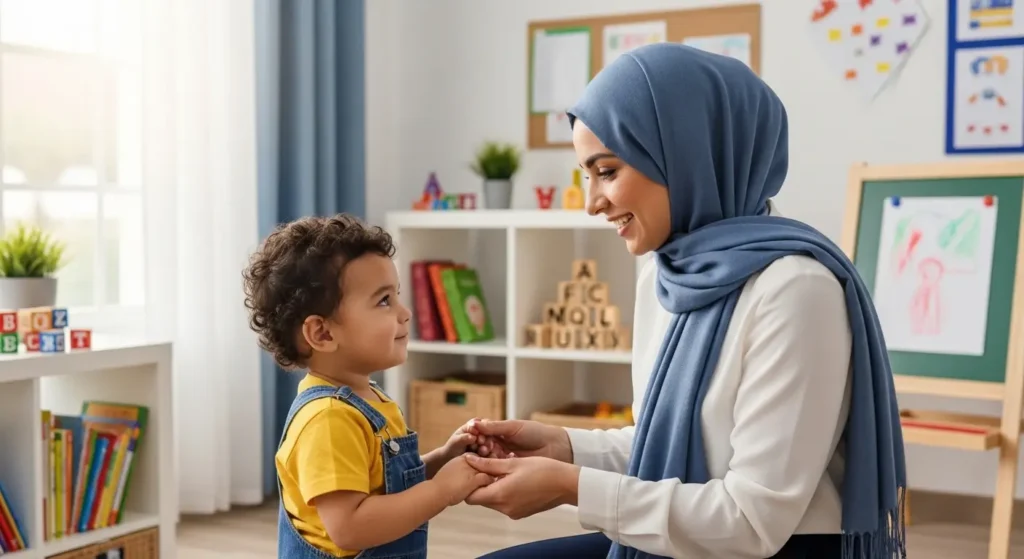 Éducatrice qualifiée interagissant avec douceur avec un enfant en crèche marocaine