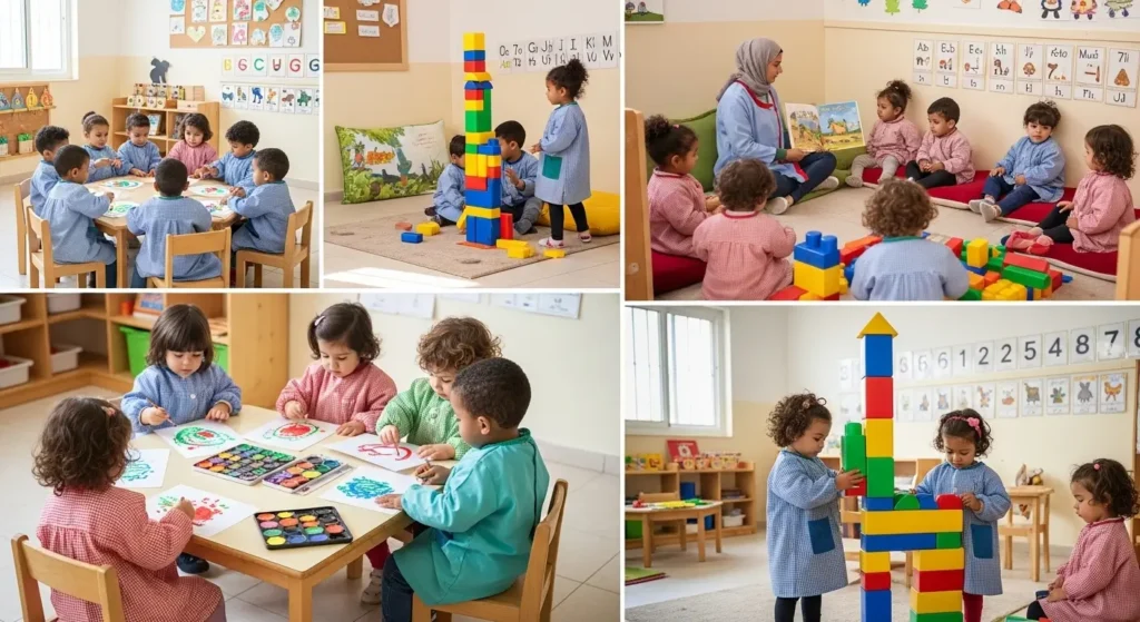 Enfants participant à des activités éducatives variées dans une crèche au Maroc