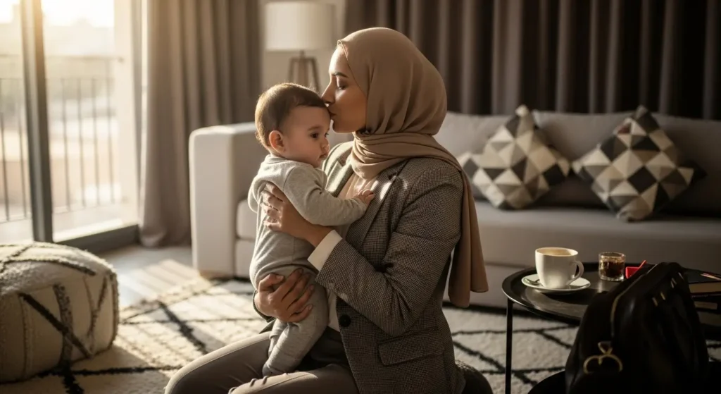 Maman marocaine qui travaille embrassant son bébé avant la crèche