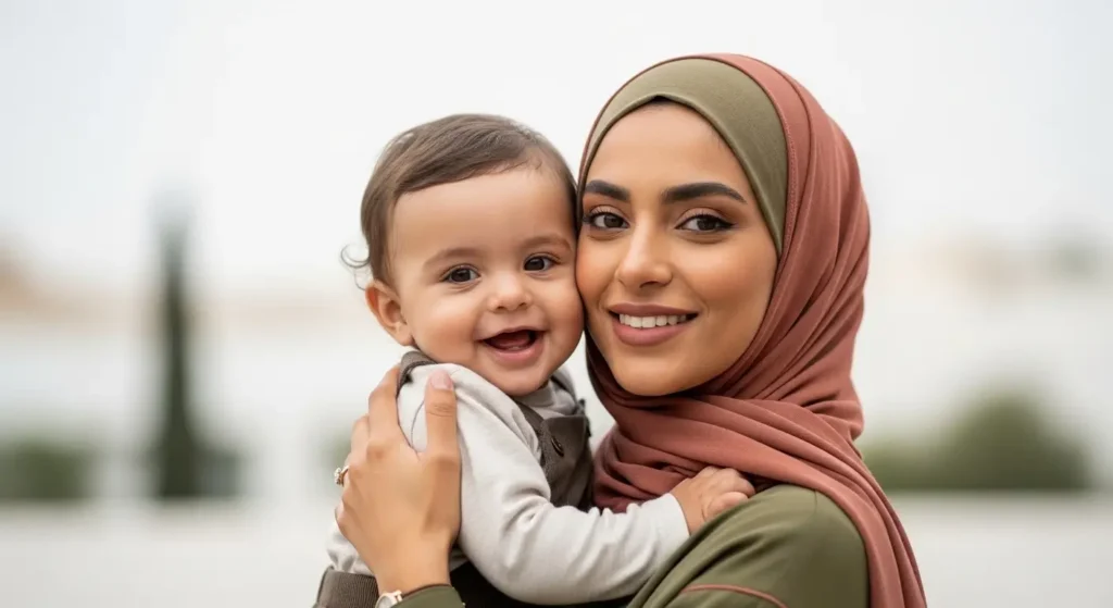 Maman marocaine souriante avec son enfant inscrit en crèche
