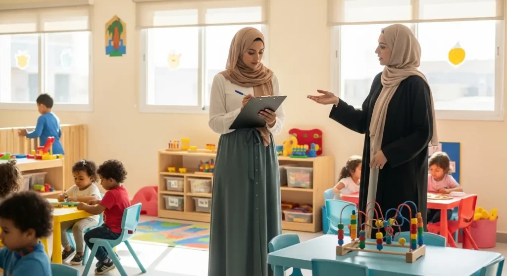 Maman marocaine visitant et évaluant une crèche avec checklist en main