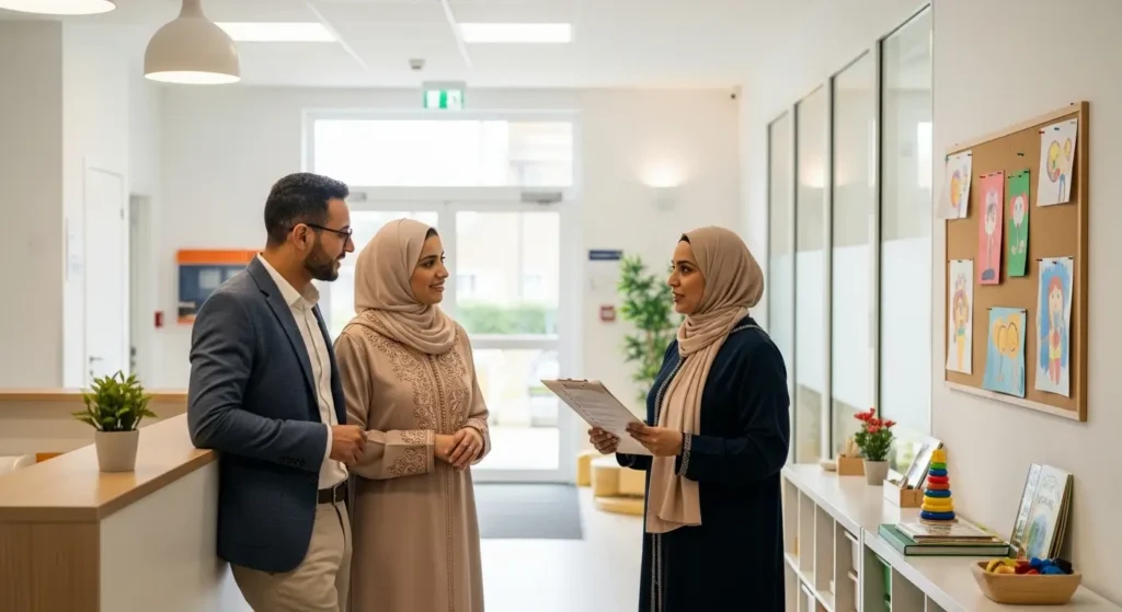 Parents marocains visitant une crèche et évaluant les normes dhygiène avec la directrice