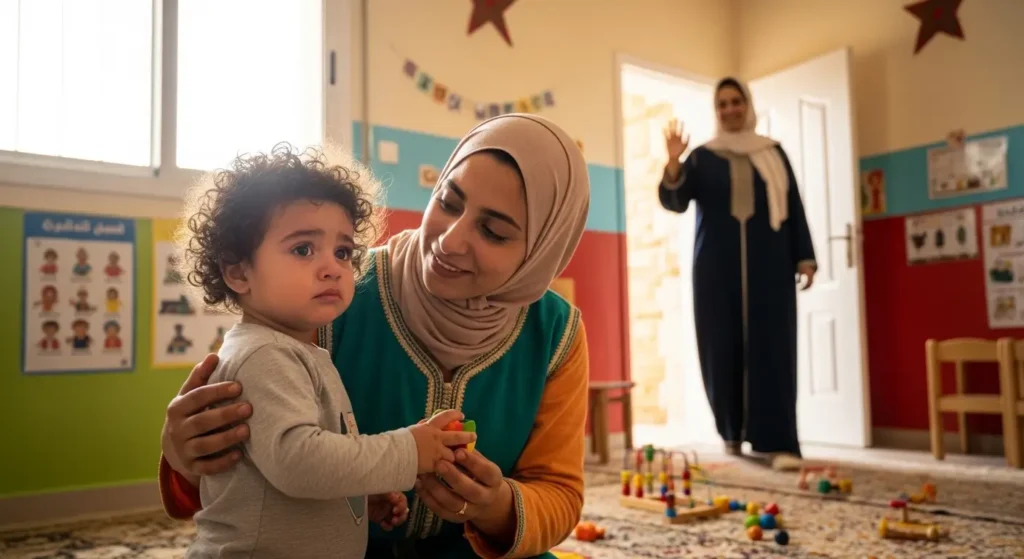 Période d'adaptation réussie : enfant rassuré par son éducatrice en crèche marocaine