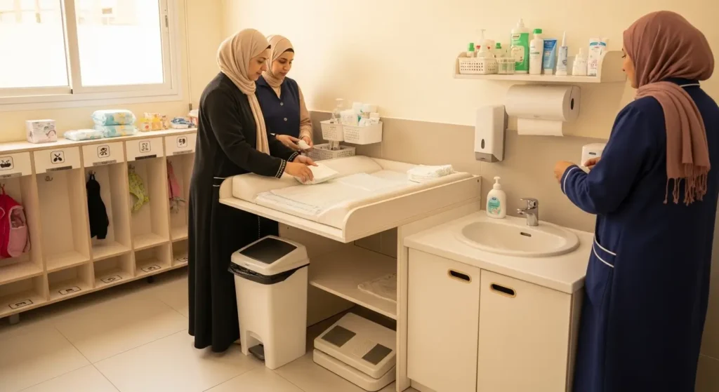 Zone de change propre et bien équipée conforme aux normes dhygiène en crèche